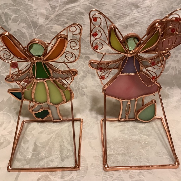 2 Stained glass look colored glass + copper color metal art collectible figures - Picture 5 of 7